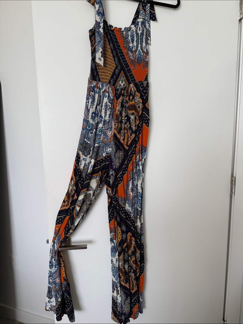 H&M Navy Blue Orange White Patterned Tie-Shoulder Jumpsuit Romper - Picture 2 of 4